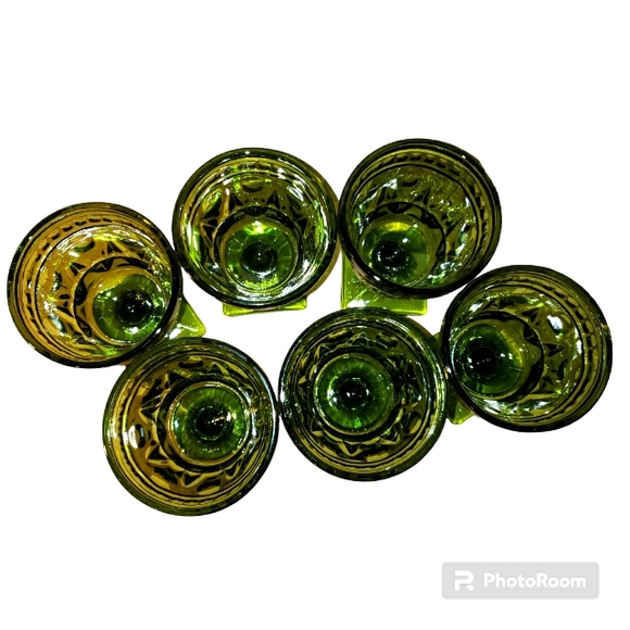 Vintage Set Of 6 Olive Green Indiana Glass Colony Park Lane Footed Goblets - Picture 5 of 8